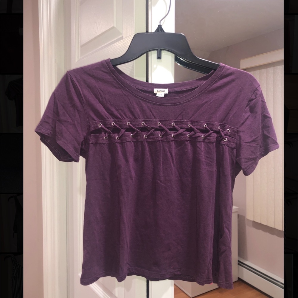 purple top with lace up decal